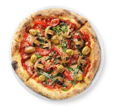 Mantarlı, zeytinli ve roka soslu lezzetli pizza.