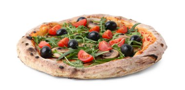 Kirazlı, domatesli, siyah zeytinli, mantarlı ve roka aromalı lezzetli pizza.