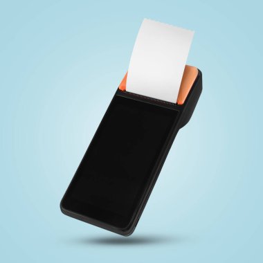 Ödeme terminali ve cep telefonu açık mavi arkaplanda