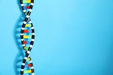 Açık mavi arkaplanda DNA yapı modeli, metin için boşluk