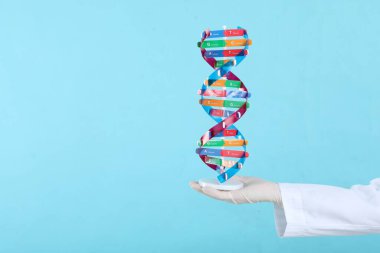 Açık mavi arka planda DNA yapısını elinde tutan bilim adamı, yakın plan. Metin için boşluk