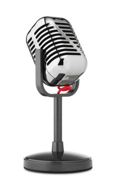 Beyazda izole edilmiş antika mikrofon. Müzik ekipmanları