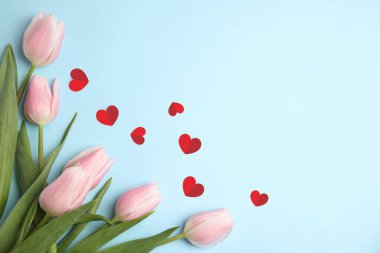 Güzel pembe laleler ve açık mavi arka planda kırmızı kağıt kalpler, üst manzara.