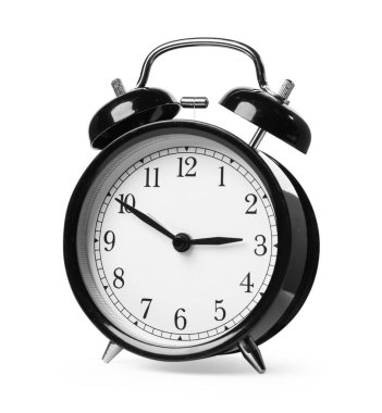 Beyaza izole edilmiş bir siyah alarm saati