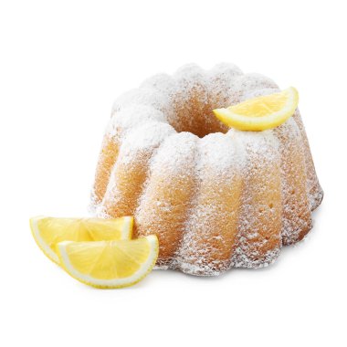 Lezzetli limonlu pasta ve beyaz üzerine izole edilmiş taze meyve dilimleri.