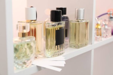 Different bottles of luxury perfume and fragrance blotters on shelf in store, closeup clipart