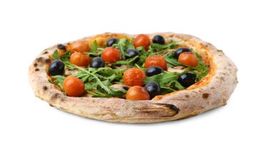 Kirazlı, domatesli, siyah zeytinli, mantarlı ve roka aromalı lezzetli pizza.