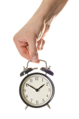 Man with black alarm clock on white background, closeup clipart