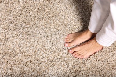 İçerideki yumuşak bej halıda bir kadın, manzaranın üstünde. Metin için boşluk