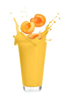 Kayısı milkshake ve beyaz arka planda taze meyve.