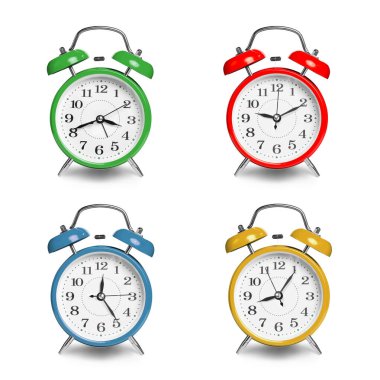 Alarm saatleri beyaz üzerine izole edilmiş farklı renklerde, ayarla