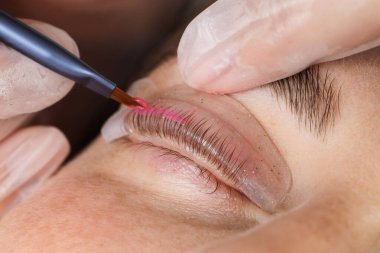 Kirpik kaplama prosedürü. Güzellik salonunda kadınların kirpiklerine losyon sürüyor, yakın plan.