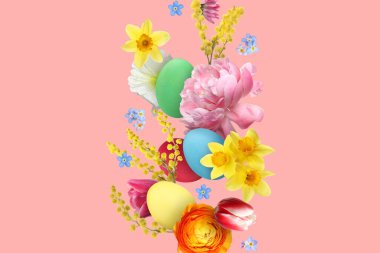 Paskalya yumurtaları ve pembe arka planda uçan güzel bahar çiçekleri.