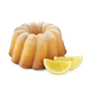 Lezzetli limonlu pasta ve beyaz üzerine izole edilmiş taze meyve dilimleri.