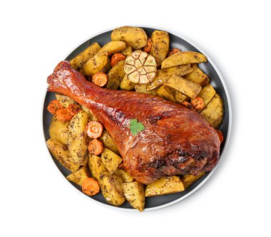 Fırınlanmış hindi budu ve sebzeler beyaz, üst manzara