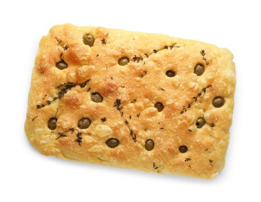 Zeytinli ve kekikli nefis Focaccia ekmeği beyaza izole edilmiş.