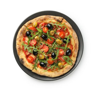 Zeytinli, domatesli ve roka aromalı lezzetli pizza.