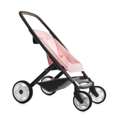 Pembe bebek arabası beyaza izole edilmiş. Çocuk oyuncağı.