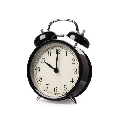 Beyaza izole edilmiş bir siyah alarm saati