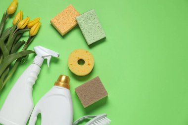 Bahar temizliği. Deterjan, malzeme ve laleler yeşil arka planda, düz yerde. Metin için boşluk