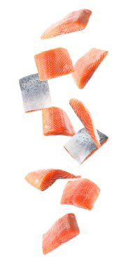 Beyaz arka planda taze somon parçaları, set