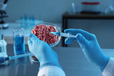 GDO konsepti. Bilimadamı laboratuvarda doğranmış ete bir şey enjekte ediyor, yakın plan.