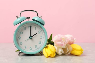 Bahar geldi. Alarm saati ve gri mermer masada pembe arka planda güzel laleler.
