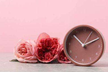 Bahar geldi. Alarm saati ve gri mermer masada pembe arka planda güzel güller.