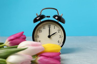 Bahar geldi. Gri mermer masada çalar saat ve güzel laleler açık mavi arkaplanda, yakın plan