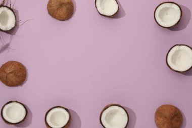 Menekşe arkaplanda çatlak hindistan cevizi parçaları var. Metin için boşluk