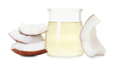 Cam kavanozda pişirme yağı ve beyaz hindistan cevizi parçaları.