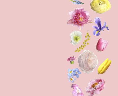 Pembe arka planda uçuşan güzel bahar çiçekleri. Metin için boşluk