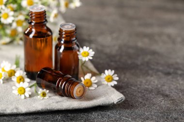 Gri masada gerekli yağ şişeleri ve papatya çiçekleri, yakın plan. Metin için boşluk