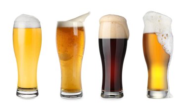 Farklı tipte taze bira, beyaz sette izole edilmiş.