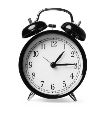 Beyaza izole edilmiş bir siyah alarm saati