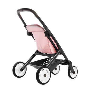 Pembe bebek arabası beyaza izole edilmiş. Çocuk oyuncağı.