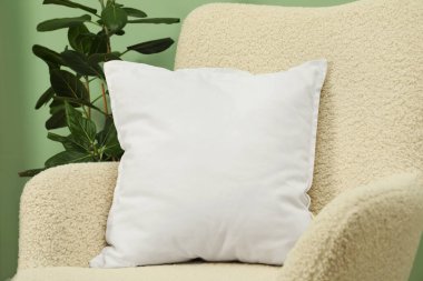 İçerideki yeşil duvarın yanındaki rahat koltukta boş yumuşak yastık.