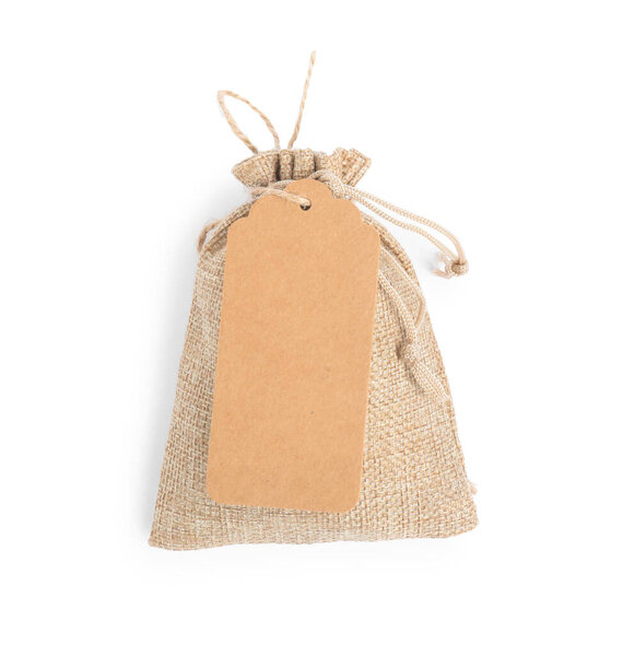 Burlap bag with tag isolated on white, top view
