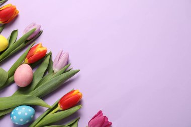 Paskalya yumurtaları ve leylak kaplamalı güzel laleler. Metin için boşluk