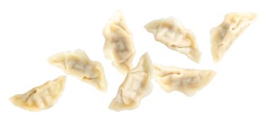 Beyaz arka planda havada kaynamış gyoza (hamur tatlısı)