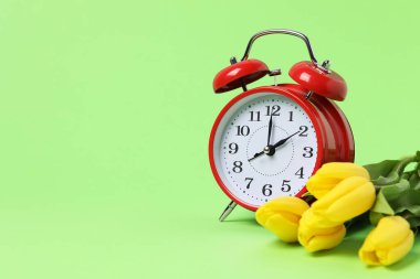 Bahar geldi. Alarm saati ve yeşil arkaplanda güzel laleler, metin için boşluk