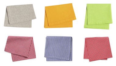Beyaza izole edilmiş farklı masa örtüleri, set. Üst görünüm