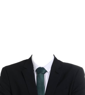 Pasaport fotoğrafı, kimlik kartı ya da diğer belge fotoğrafları. Yüzü olmayan resmi kıyafet beyaz üzerine izole edilmiş.