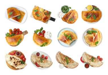 Beyazın üzerinde nefis calzone 'ler, set. Üst görünüm