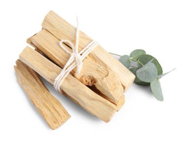 Palo santo çubukları ve okaliptüs dalları beyaz, üst manzara