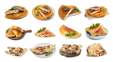Farklı lezzetli calzone 'ler beyaz sette izole edilmiş.