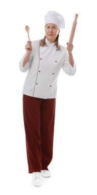 Beyaz arka planda merdane ve kaşık ile aşçı