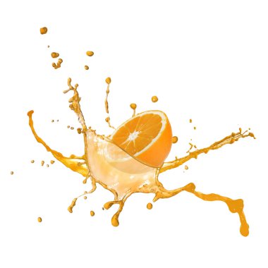Taze portakal suyu ve beyaz arka planda sıçrama suyu.