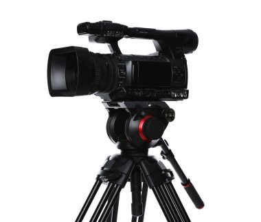 Beyaz üzerine izole edilmiş üç ayaklı modern video kamera