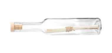 Mantarlı cam şişe, beyaz harf izole edilmiş.